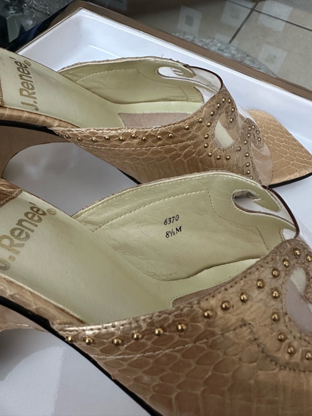 J.Renee Metallic Gold Clear Strap Mule Heels - Picture 4 of 10
